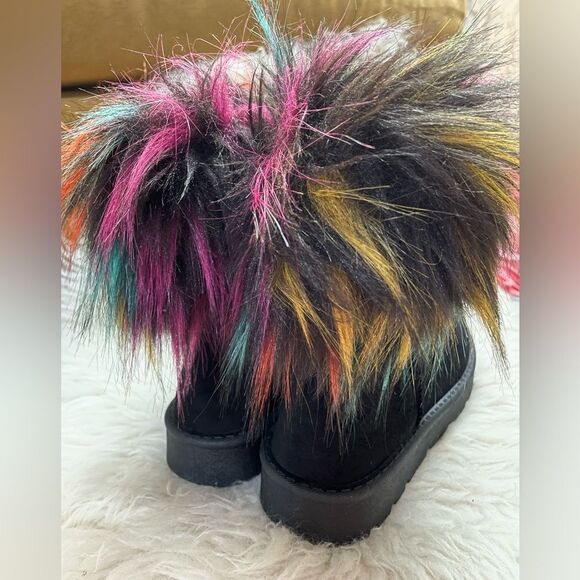 ROUGE HELIUM Colorful Faux Fur Black Suede Ankle Boots 7 - Picture 4 of 8